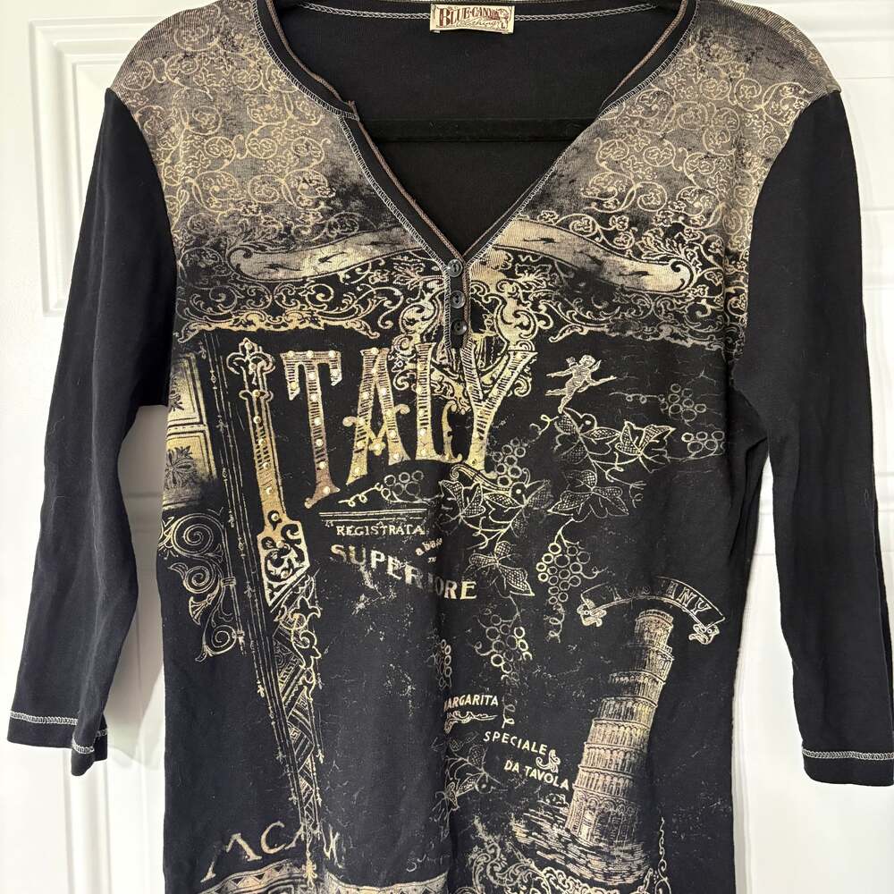 Blue Canyon Y2K Venice Italy Rhinestone 3/4th sleeve top